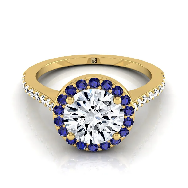 rose gold diamond rings for women-18K Yellow Gold Round Brilliant Classic French Pave Blue Sapphire Halo and Linear Engagement Ring -1/6ctw