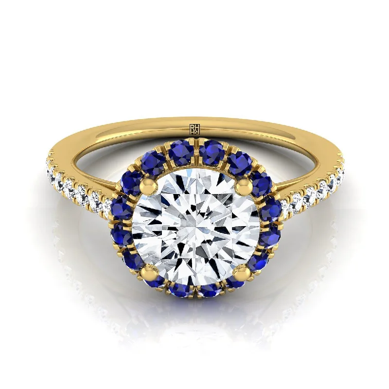 women’s engagement rings with aquamarine-18K Yellow Gold Round Brilliant Sapphire Petite Halo French Diamond Pave Engagement Ring -1/5ctw