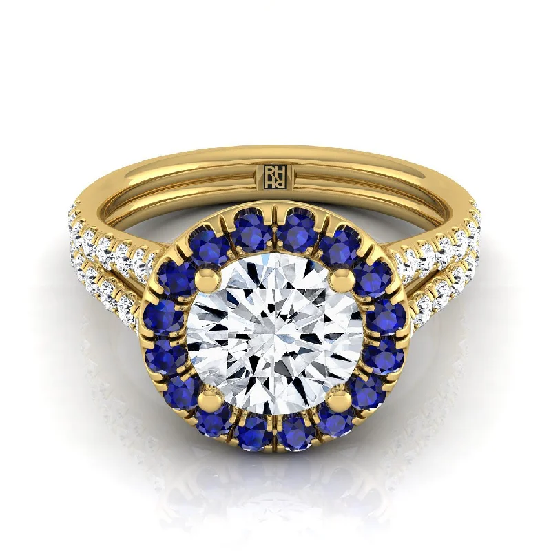 wedding rings with blue sapphires-18K Yellow Gold Round Brilliant  French Pave Split Shank Diamond Halo Engagement Ring -3/8ctw