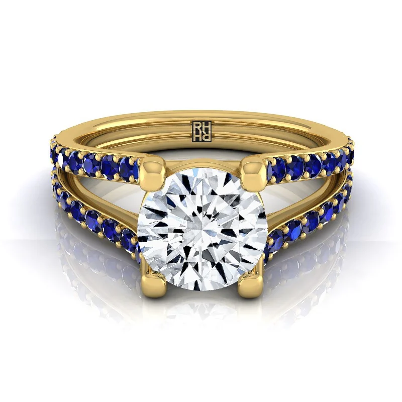 diamond wedding rings with side stones-18K Yellow Gold Round Brilliant Prong Set Sapphire Split Shank Engagement Ring