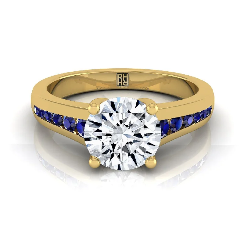 platinum wedding bands for women-18K Yellow Gold Round Brilliant Contemporary Tapered Blue Sapphire Channel Engagement Ring