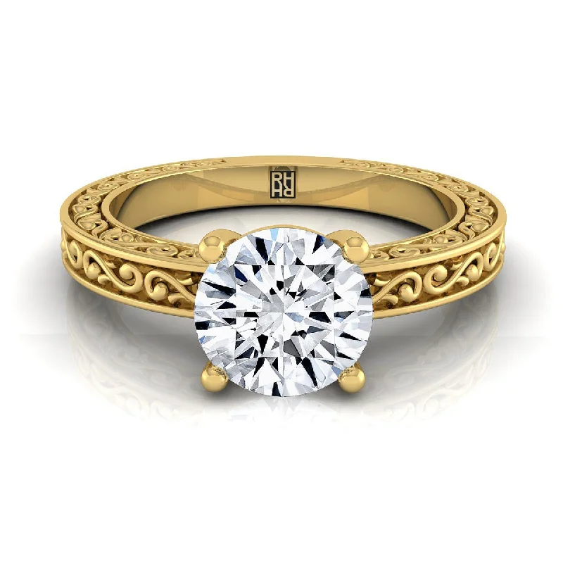 vintage-style wedding rings for women-18K Yellow Gold Round Brilliant Hand Engraved Scroll Vintage Solitaire Engagement Ring