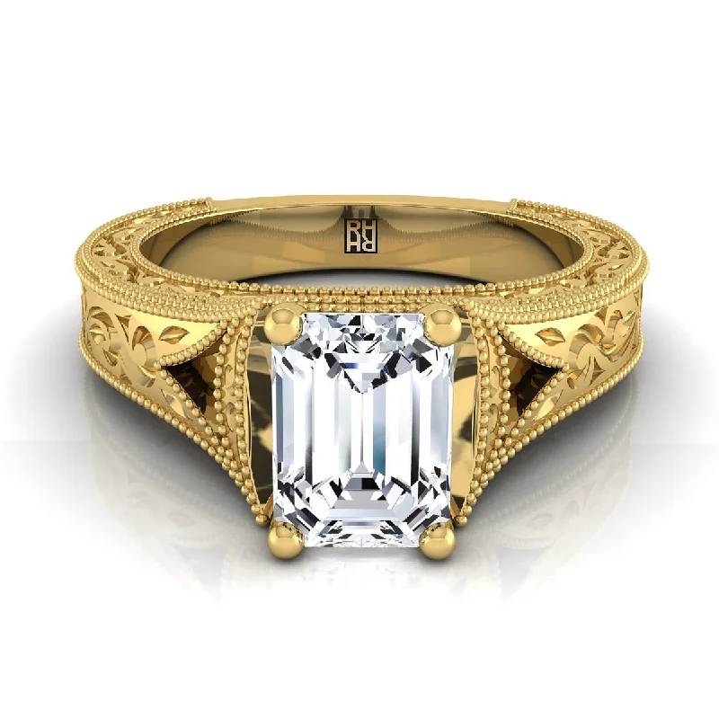 wedding rings for women with emeralds-18K Yellow Gold Emerald Cut  Hand Engraved and Milgrain Vintage Solitaire Engagement Ring