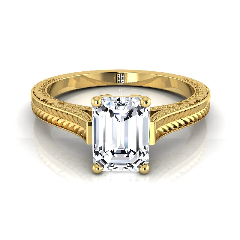 modern gold rings for men-18K Yellow Gold Emerald Cut  Hand Engraved Vintage Cathedral Style Solitaire Engagement Ring