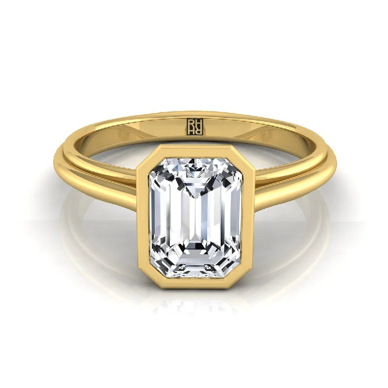 men’s wedding bands with wood accents-18K Yellow Gold Emerald Cut  Bezel Halo Cathedral Solitaire Engagement Ring