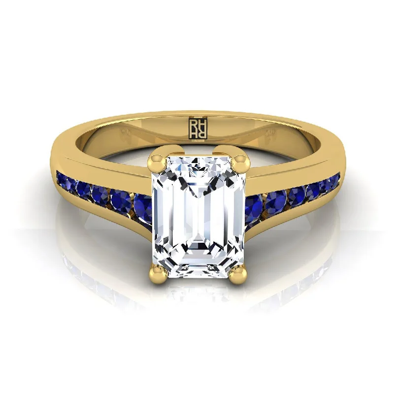 rose gold wedding bands for brides-18K Yellow Gold Emerald Cut Contemporary Tapered Blue Sapphire Channel Engagement Ring