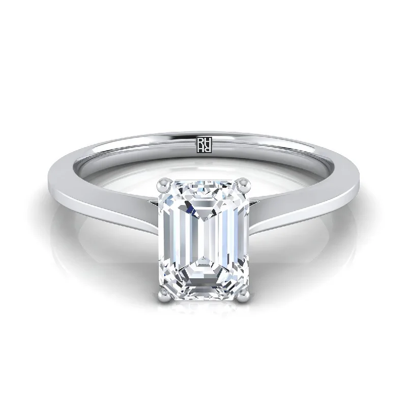 couples’ rings with initials engraved-18K White Gold Emerald Cut  Timeless Solitaire Comfort Fit Engagement Ring