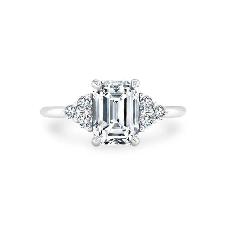 designer engagement rings for men-Emerald Cut with Round Trio Side Stones