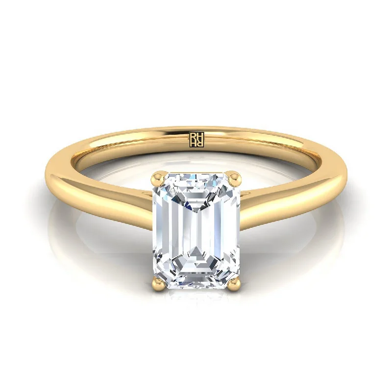 modern women’s engagement rings-18K Yellow Gold Emerald Cut  Pinched Comfort Fit Claw Prong Solitaire Engagement Ring