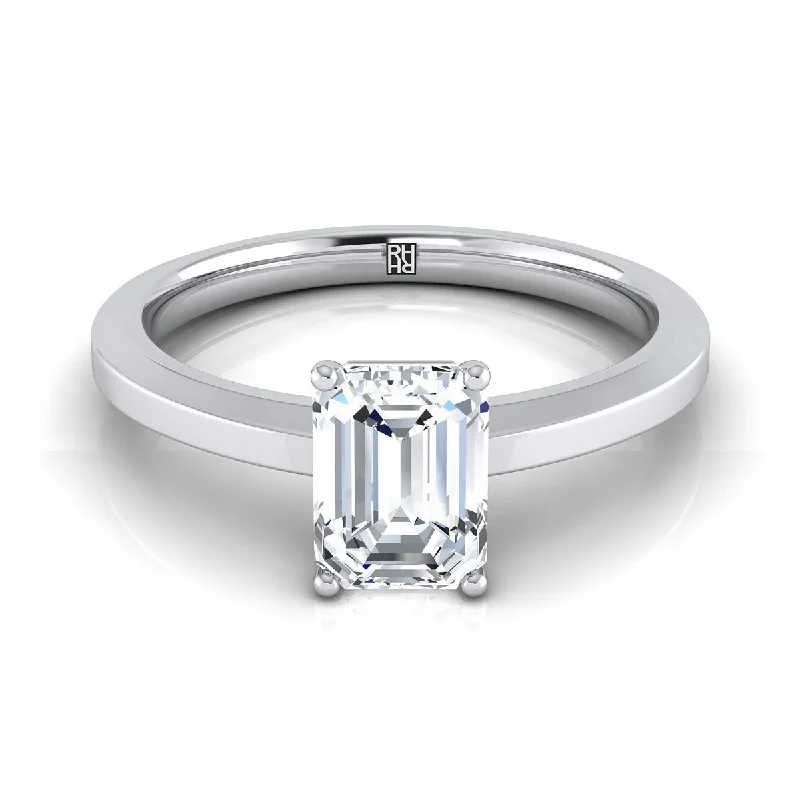 wedding rings for petite hands-18K White Gold Emerald Cut  Beveled Edge Comfort Style Bright Finish Solitaire Engagement Ring