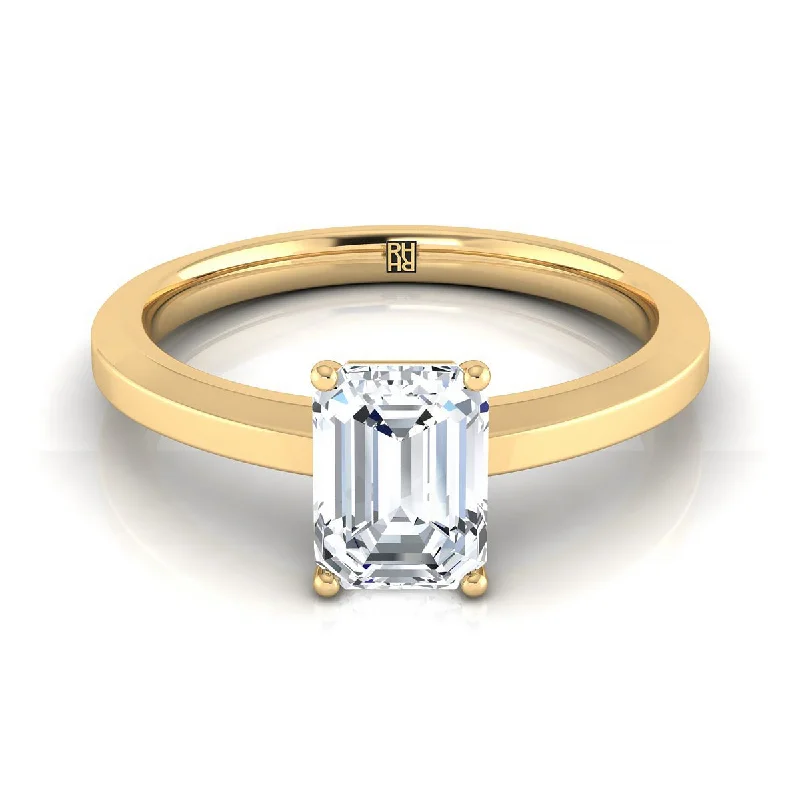 handmade wedding rings for men-18K Yellow Gold Emerald Cut  Beveled Edge Comfort Style Bright Finish Solitaire Engagement Ring