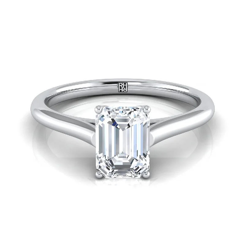 engagement rings with classic designs-18K White Gold Emerald Cut  Cathedral Style Comfort Fit Solitaire Engagement Ring