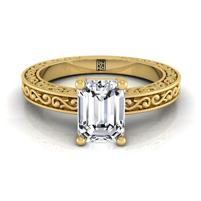 statement diamond rings for women-18K Yellow Gold Emerald Cut Hand Engraved Scroll Vintage Solitaire Engagement Ring