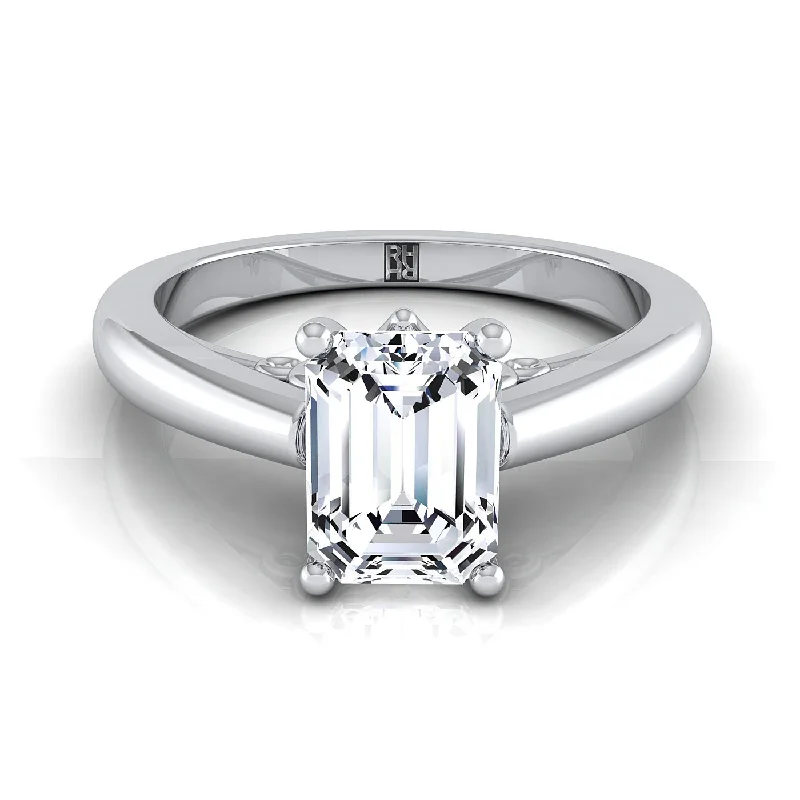 engagement rings with sapphire center-18K White Gold Emerald Cut Scroll Gallery Comfort Fit Solitaire Engagement Ring