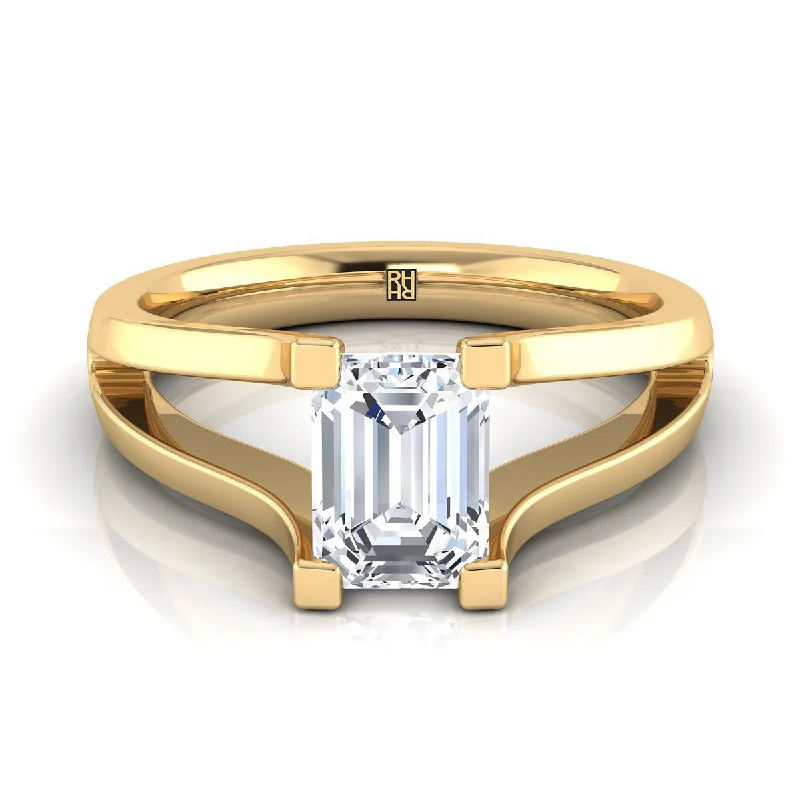 gold rings for men with black diamonds-18K Yellow Gold Emerald Cut  Plain High Polish Split Shank Solitaire Engagement Ring