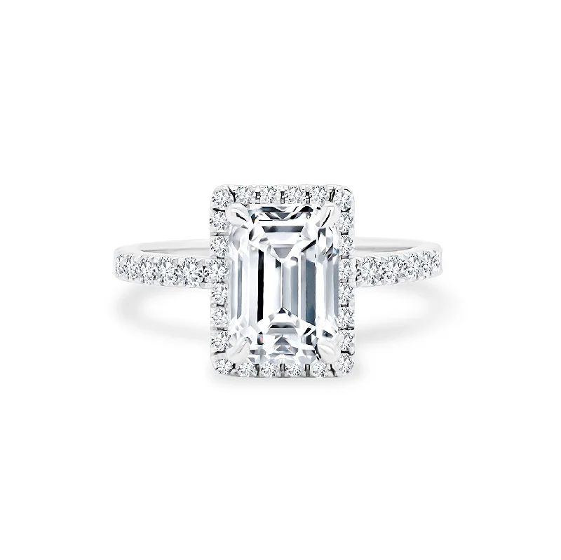 men’s wedding rings with tungsten and diamonds-Emerald Cut Solitaire with Halo on Diamond Band