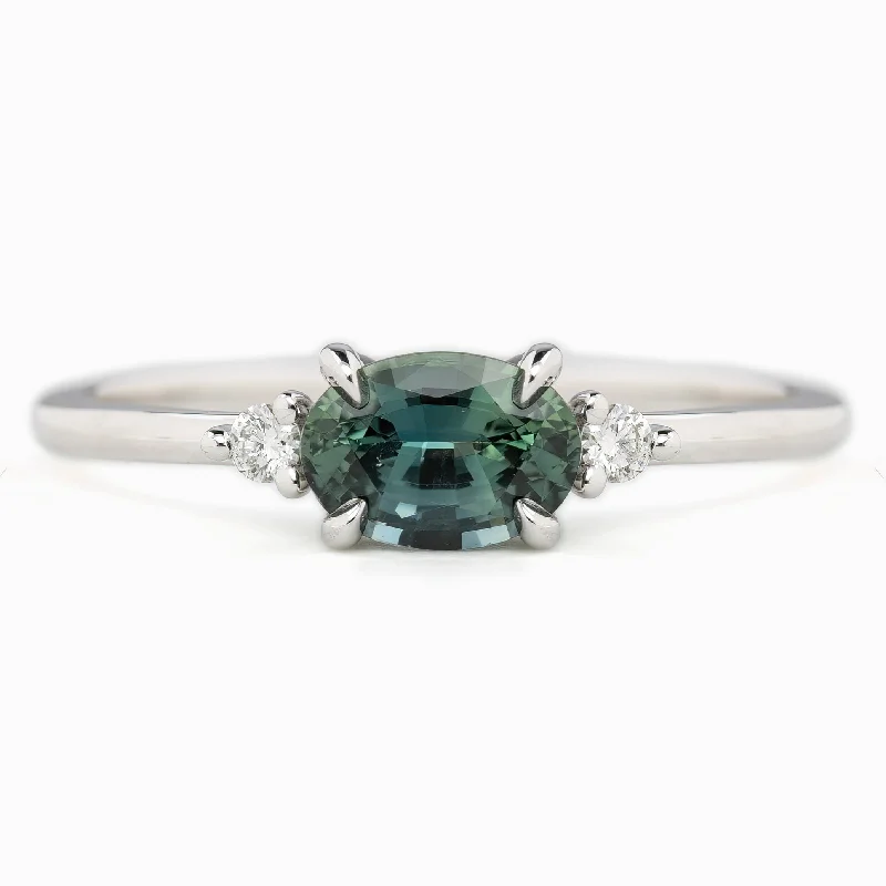 engagement rings with twisted bands-Emilie Ring 0.97ct Blue Green Madagascar Sapphire, 14k White Gold (One of a kind)