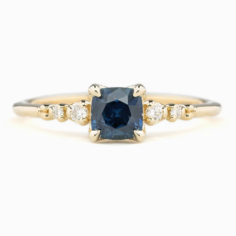 silver promise rings with gemstones-Estel Fleur Four Prongs Ring, 0.83ct Deep Teal Blue Montana Sapphire, 14k Yellow Gold (One of a kind)