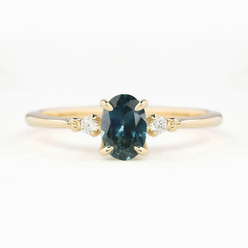 wedding bands for couples with gemstones-Estel Ring 6.5mm  Oval Teal Blue Montana Sapphire 14K Yellow Gold