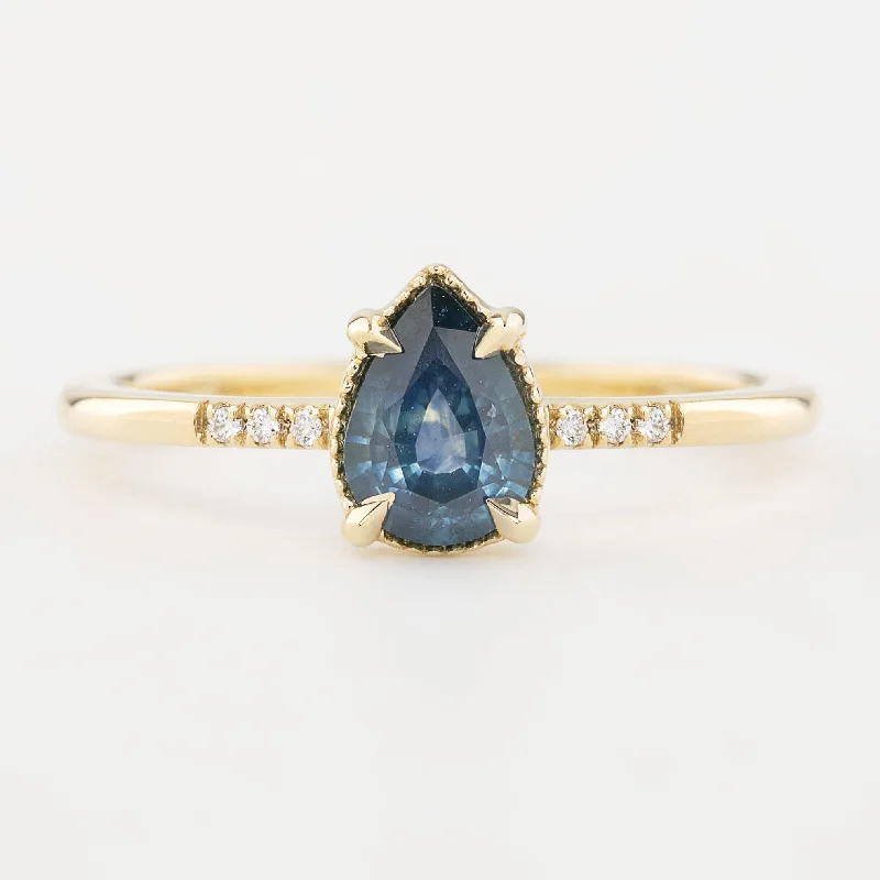 yellow gold wedding bands for men-Grace Ring 0.73ct Pear Cut Blue Green Montana Sapphire (One of a kind)