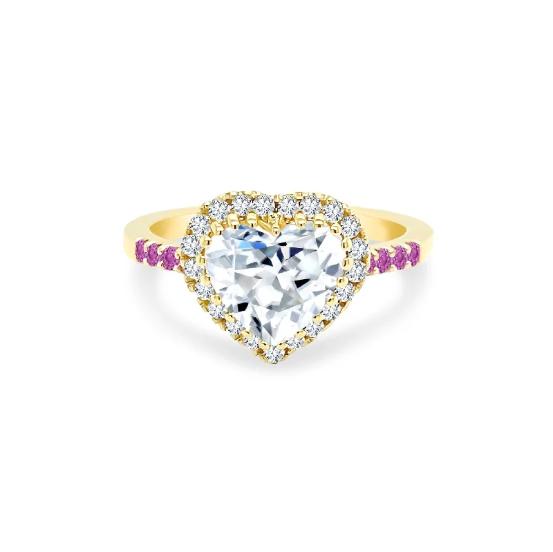 unique wedding bands for women-Heart Cut Solitaire with Halo on Gemstone Band