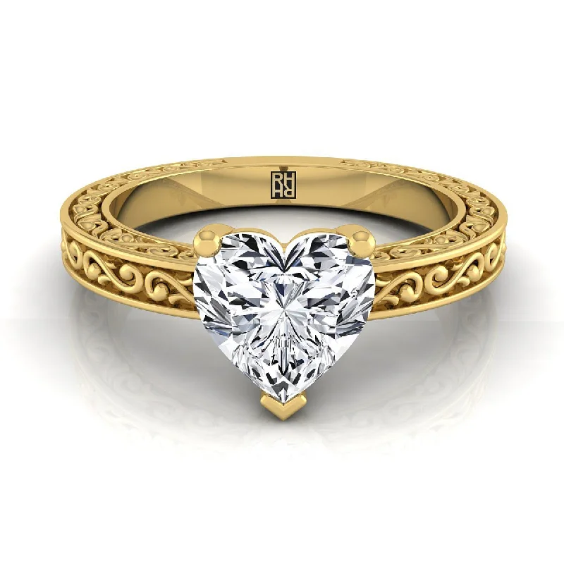 rings for men with emeralds-18K Yellow Gold Heart Shape Center Hand Engraved Scroll Vintage Solitaire Engagement Ring