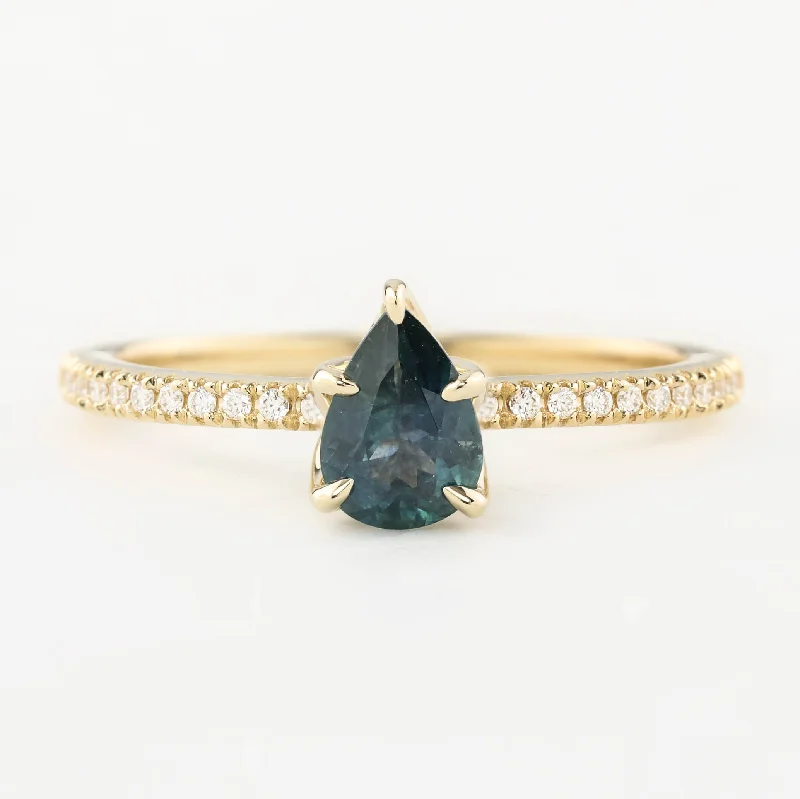 engagement rings with a diamond center stone-Maria Ring 0.8ct Pear Cut Peacock Green Montana Sapphire, 14K Yellow Gold (One of a kind)