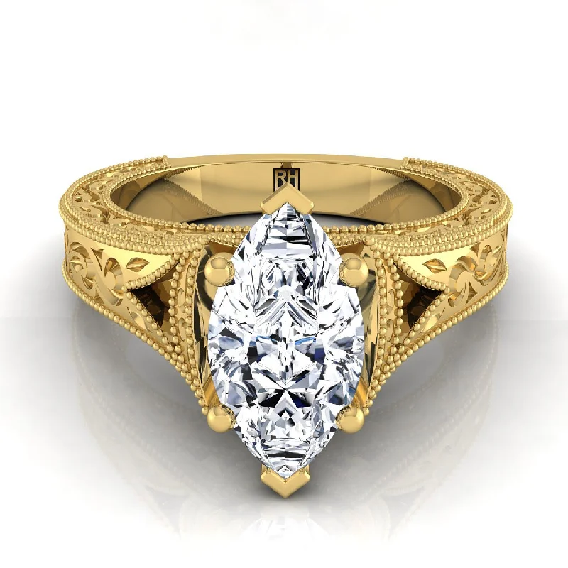 simple silver engagement rings-18K Yellow Gold Marquise   Hand Engraved and Milgrain Vintage Solitaire Engagement Ring