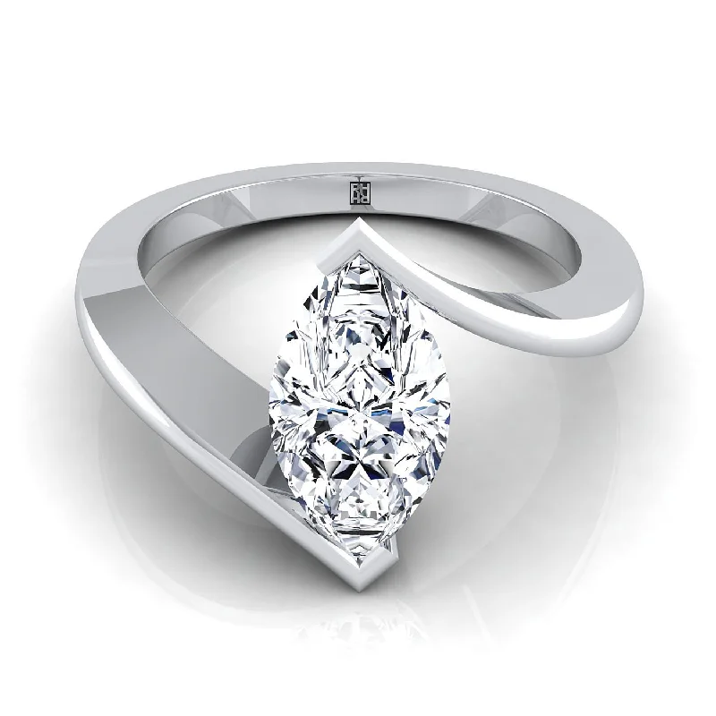 silver promise rings with gemstones-18K White Gold Marquise   Half Bezel Twist Tension Set Solitaire Engagement Ring