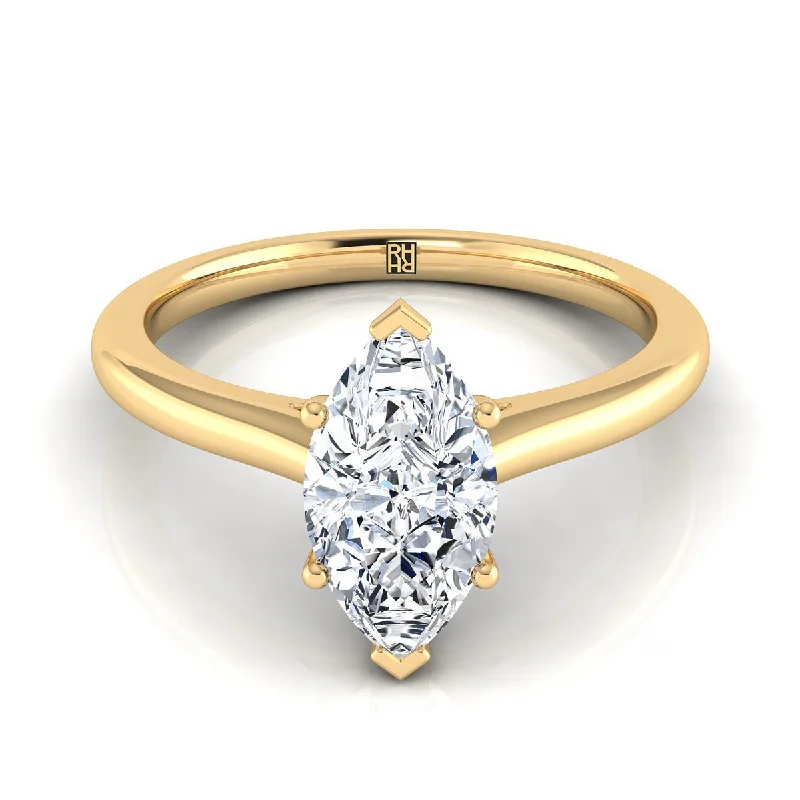 engagement rings with a diamond center stone-18K Yellow Gold Marquise   Pinched Comfort Fit Claw Prong Solitaire Engagement Ring