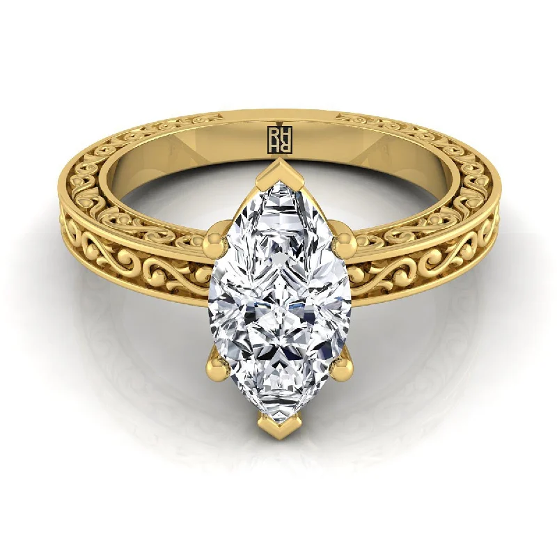 women’s rings with diamonds and sapphires-18K Yellow Gold Marquise  Hand Engraved Scroll Vintage Solitaire Engagement Ring