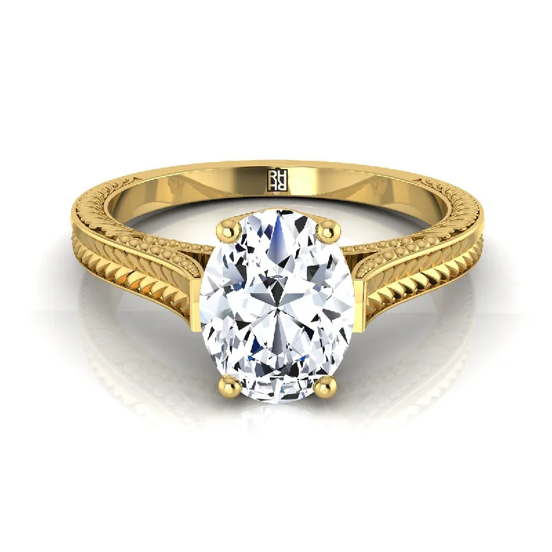 platinum diamond wedding bands-18K Yellow Gold Oval  Hand Engraved Vintage Cathedral Style Solitaire Engagement Ring