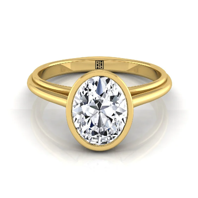 simple diamond engagement rings for women-18K Yellow Gold Oval  Bezel Halo Cathedral Solitaire Engagement Ring