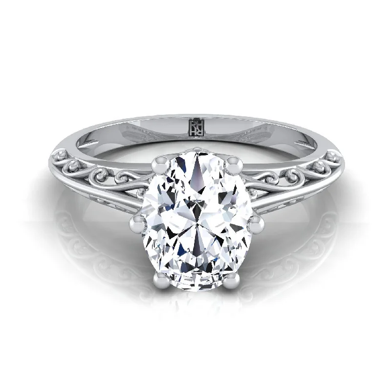 men’s diamond rings for engagements-18K White Gold Oval  Delicate Vintage Scroll Cut Out Solitaire Engagement Ring