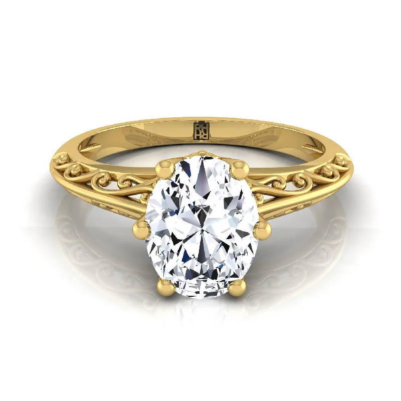 vintage-inspired promise rings-18K Yellow Gold Oval  Delicate Vintage Scroll Cut Out Solitaire Engagement Ring