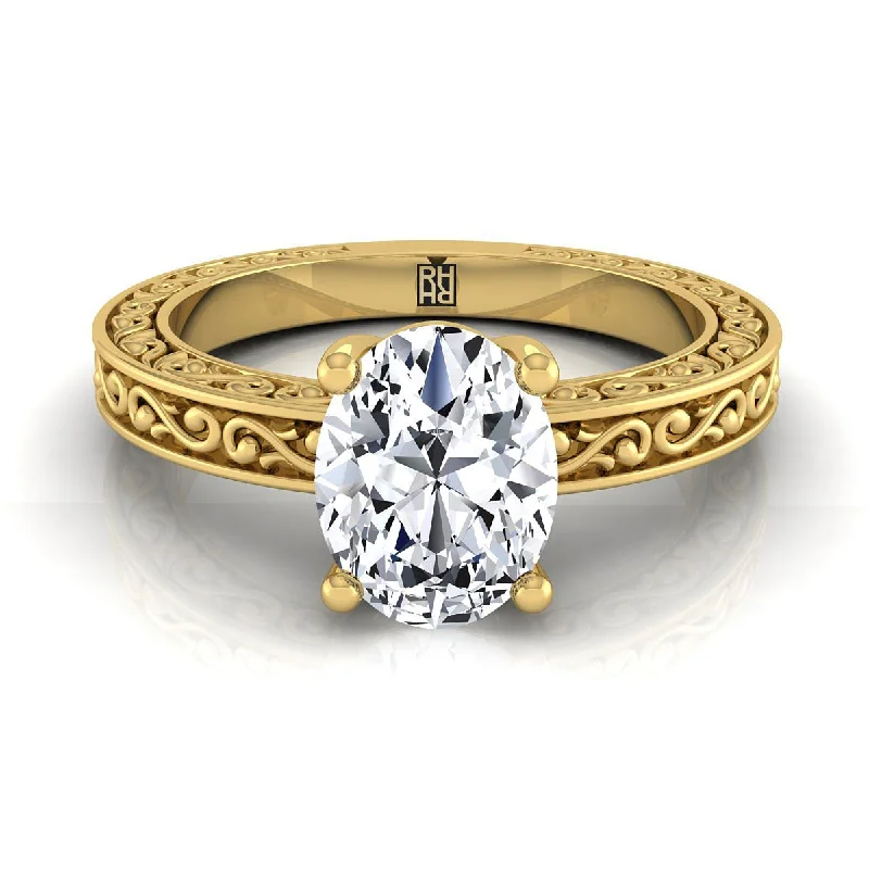 unique sapphire engagement rings-18K Yellow Gold Oval Hand Engraved Scroll Vintage Solitaire Engagement Ring