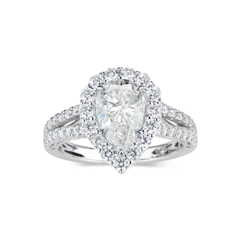 custom diamond rings for engagement-Pear Halo Diamond Engagement Ring with Split Shank