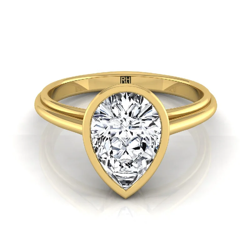 unique promise rings with engravings-18K Yellow Gold Pear Shape Center  Bezel Halo Cathedral Solitaire Engagement Ring