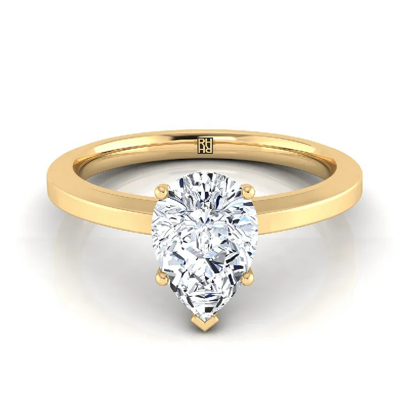 custom rings for couples with diamonds-18K Yellow Gold Pear Shape Center  Beveled Edge Comfort Style Bright Finish Solitaire Engagement Ring