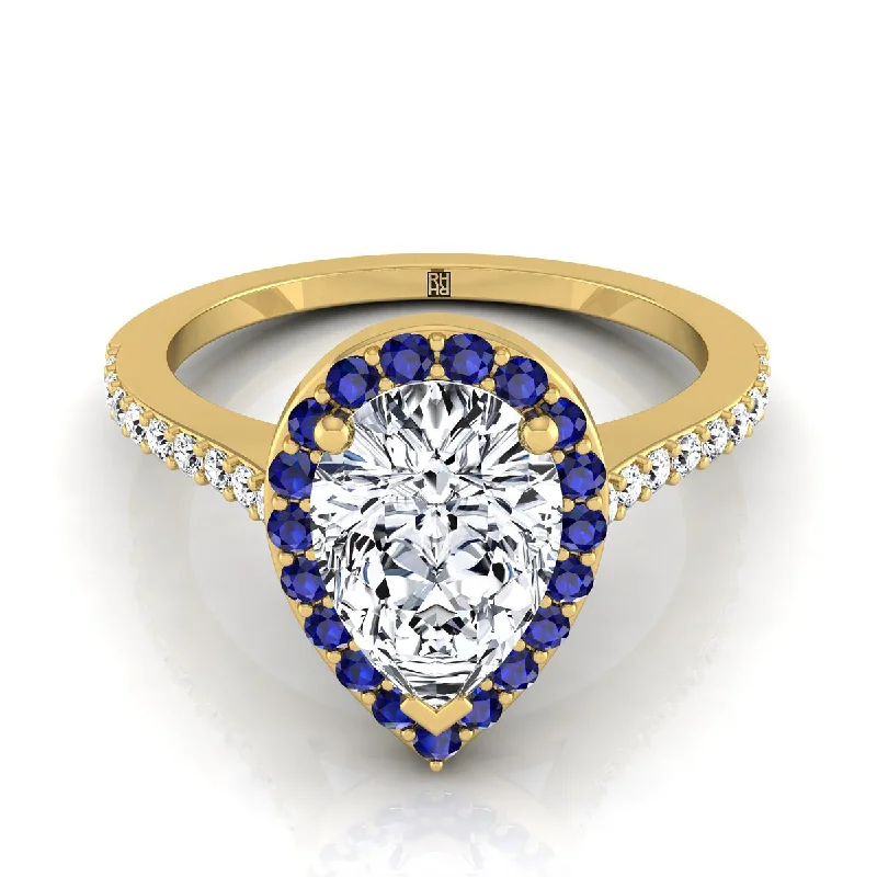 affordable diamond wedding rings-18K Yellow Gold Pear Shape Center Classic French Pave Blue Sapphire Halo and Linear Engagement Ring -1/6ctw