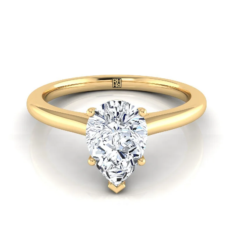 women’s bridal rings with diamonds-18K Yellow Gold Pear Shape Center  Pinched Comfort Fit Claw Prong Solitaire Engagement Ring