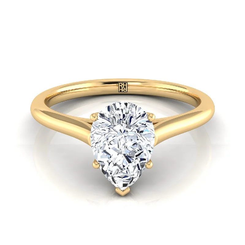 modern silver engagement rings-18K Yellow Gold Pear Shape Center  Cathedral Style Comfort Fit Solitaire Engagement Ring