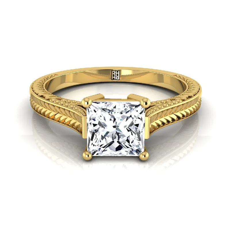 unique wedding bands for women-18K Yellow Gold Princess Cut  Hand Engraved Vintage Cathedral Style Solitaire Engagement Ring