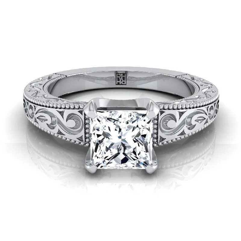 custom rings with engravings-18K White Gold Princess Cut Hand Engraved Scroll Vintage Solitaire Engagement Ring