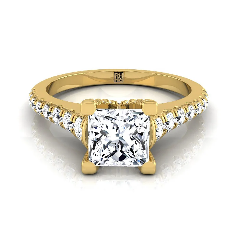 engagement rings with rose gold accents-18K Yellow Gold Princess Cut Diamond Pave Prong Linear Engagement Ring -1/2ctw