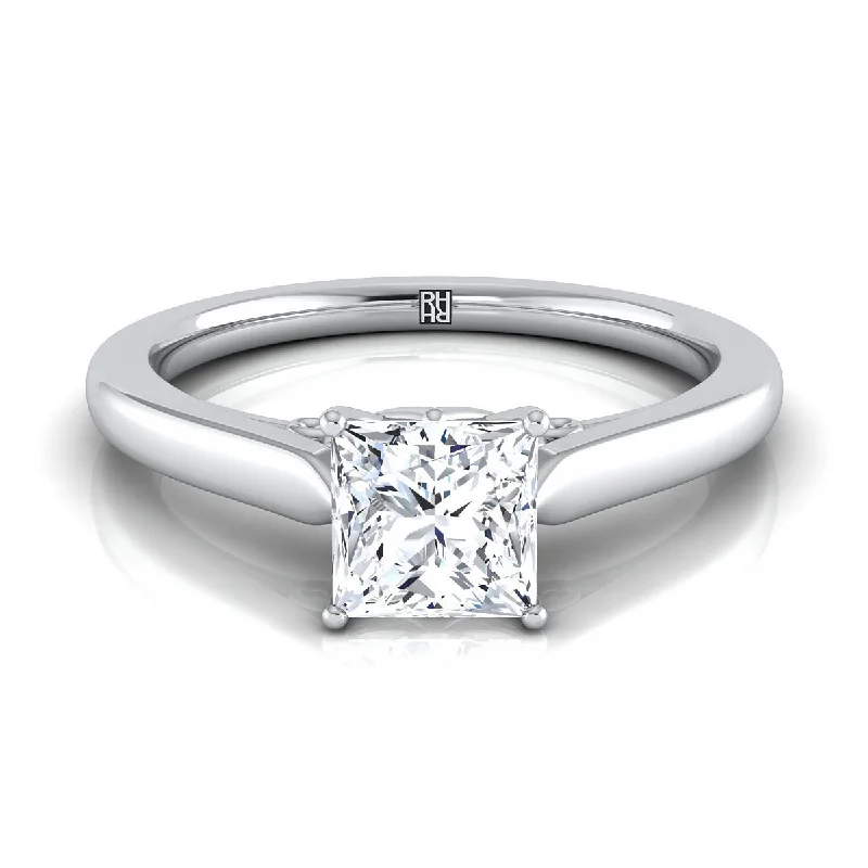 engagement rings with oval diamonds-18K White Gold Princess Cut Scroll Gallery Comfort Fit Solitaire Engagement Ring