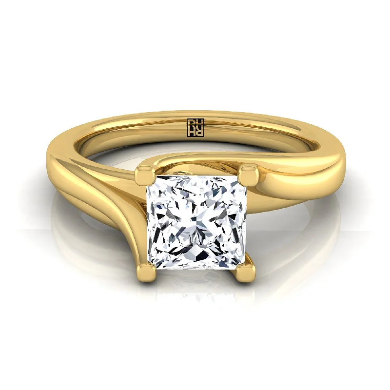 wedding bands with sapphire diamonds-18K Yellow Gold Princess Cut  Twisted Bypass Solitaire Engagement Ring