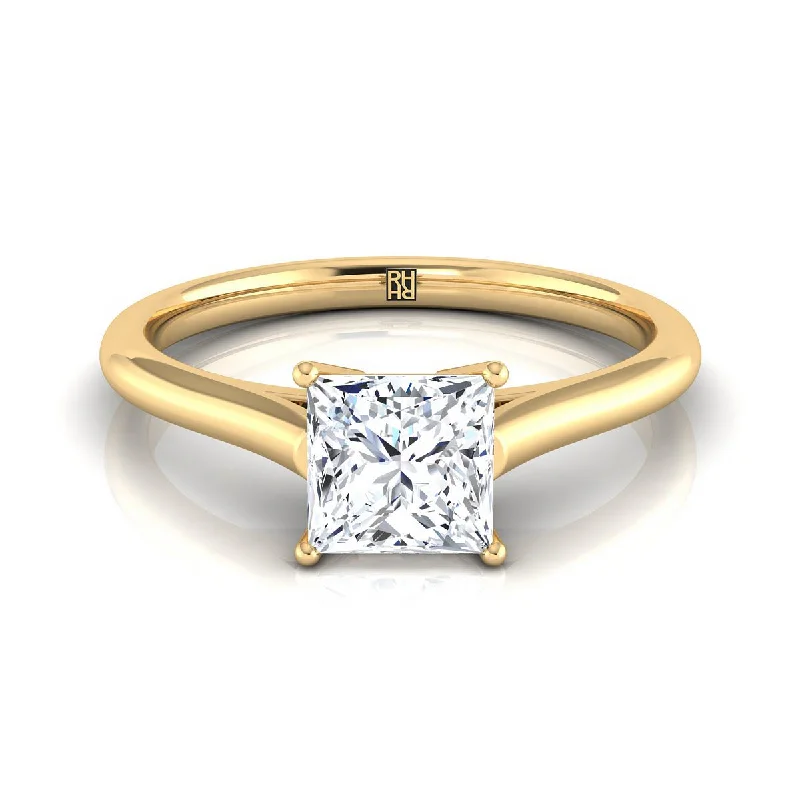 engagement rings with sapphire center-18K Yellow Gold Princess Cut  Cathedral Style Comfort Fit Solitaire Engagement Ring