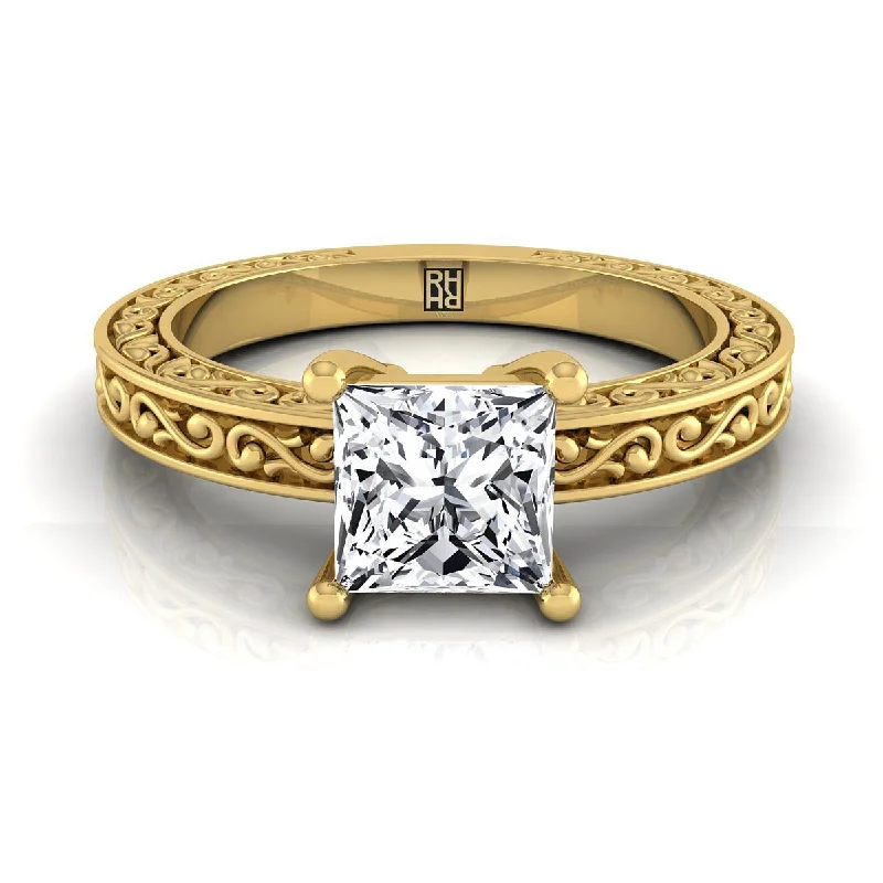 designer engagement rings for men-18K Yellow Gold Princess Cut Hand Engraved Scroll Vintage Solitaire Engagement Ring