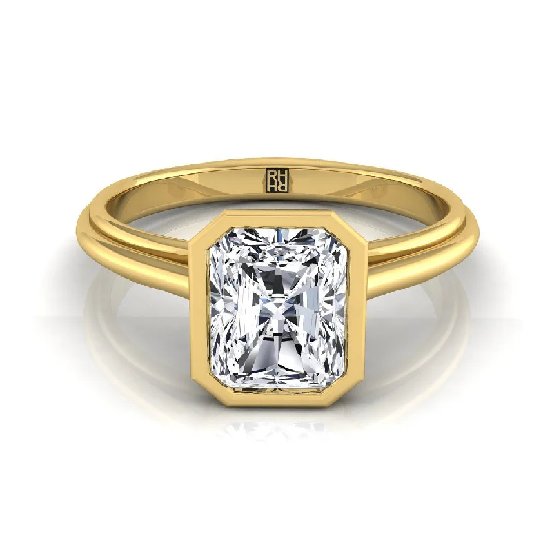 men’s gold engagement rings-18K Yellow Gold Radiant Cut Center  Bezel Halo Cathedral Solitaire Engagement Ring